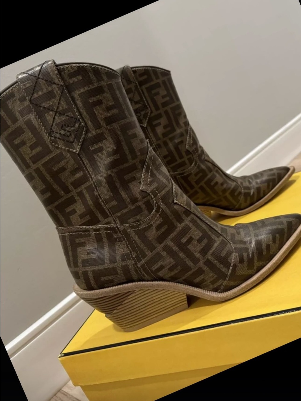 Fendi Brown FF Logo Western Ankle Boots